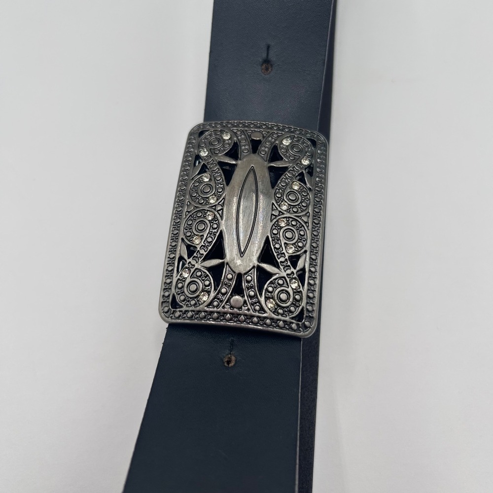 New York & Company Navy Blue Leather Belt Made in Italy Rhinestone Buckle Size M